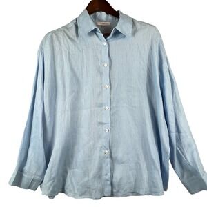 Womens Large 100% Linen Button Down Shirt Blue Relaxed Coastal Boho Long Sleeve